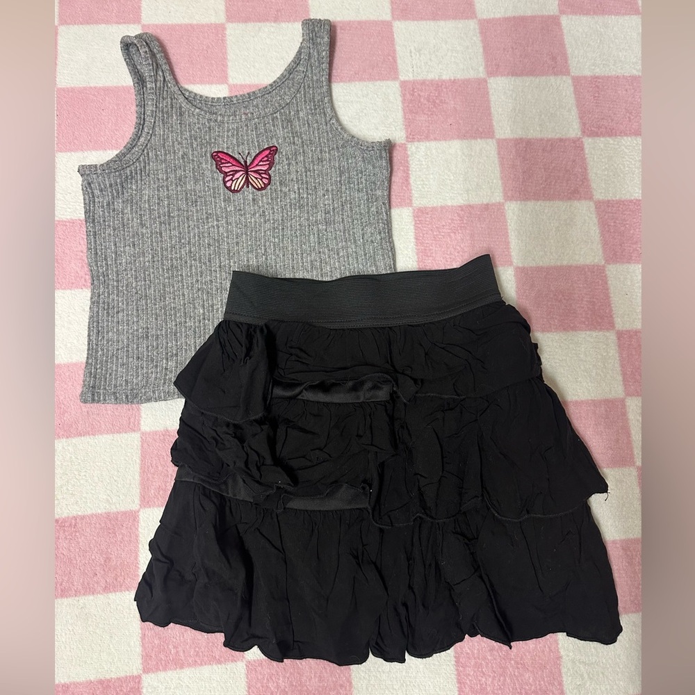 Gray Tank Top with Butterfly and Black Ruffled Skirt